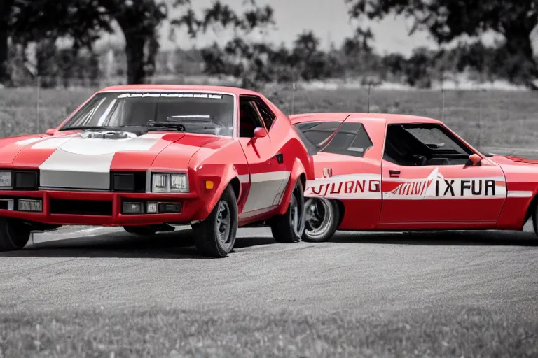 Image similar to vintage race footage, archival, 1974 AMC AMX/3 Gremlin, XF IQ4, 150MP, 50mm, F1.4, ISO 200, 1/160s, natural light, Adobe Photoshop, Adobe Lightroom, photolab, Affinity Photo, PhotoDirector 365