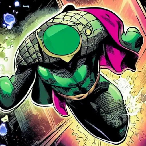 Prompt: mysterio with a cube heard fighting spider-man