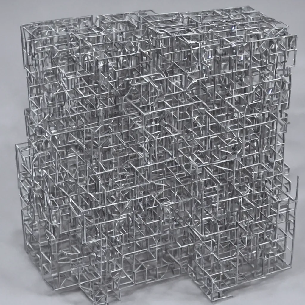 Image similar to a realistic metal sculpture of a hypercube, super detailed