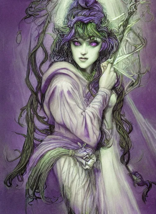 Image similar to portrait of young female sorceress of the endtimes, transluscent skin, lavender hair, beautiful! coherent! dungeons and dragons character, by brian froud, strong line, cool night color, high contrast