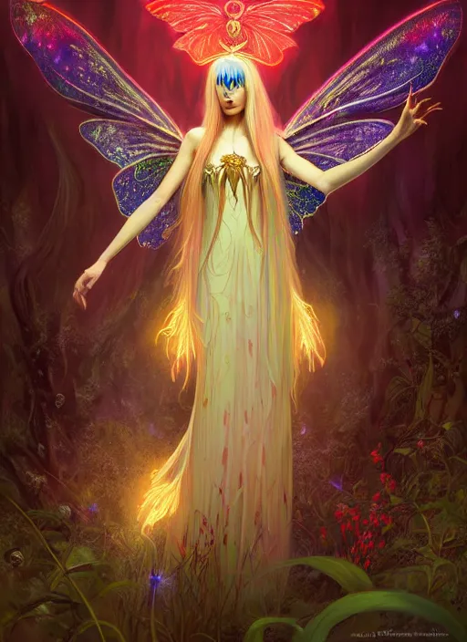 Prompt: stunningly beautiful female faerie priestess in amanita muscaria forest landscape, symmetrical wings on back, neon hair, fantasy art, wearing a dress of gossamer gold, inner glow, dark light night, face by otto schmidt, sharp focus, digital painting, 4 k, concept art, art by greg rutkowski and alphonse mucha, brom,