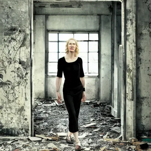 Prompt: photo of cate blanchett in an abandoned building, by Annie leibowitz, photorealisitc ,detailed