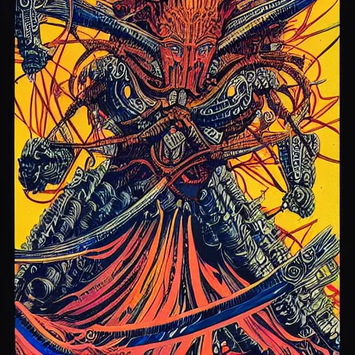 Prompt: Ashor, the Hero of Layban, Illustrated Poster, by Philippe Druillet #lunarpunk