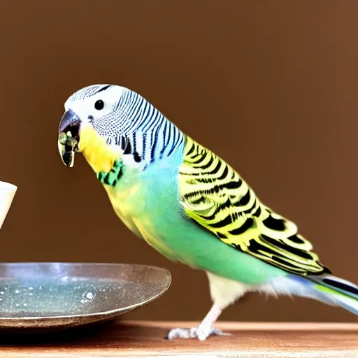 Prompt: a budgie drinking a cup of tea