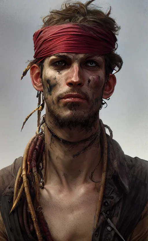 Prompt: a portrait of a male pirate, sick and skinny, dirty face, no teeth, concept art, deep focus, intricate, highly detailed, digital painting, artstation, matte, sharp focus, illustration, art by greg rutkowski and alphonse mucha