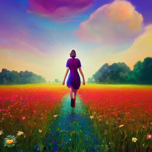 Prompt: giant daisy flower as head, full body girl walking in a flower field, surreal photography, sunrise, dramatic light, impressionist painting, colorful clouds, digital painting, artstation, simon stalenhag