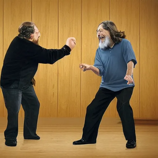 Image similar to photo of richard stallman punching bill gates, photography, realistic, realism