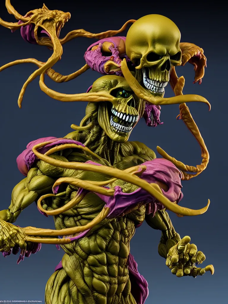 Prompt: hyperrealistic rendering, skeletor by bernie wrightson and killian eng and joe fenton, product photography, action figure, sofubi, studio lighting, colored gels