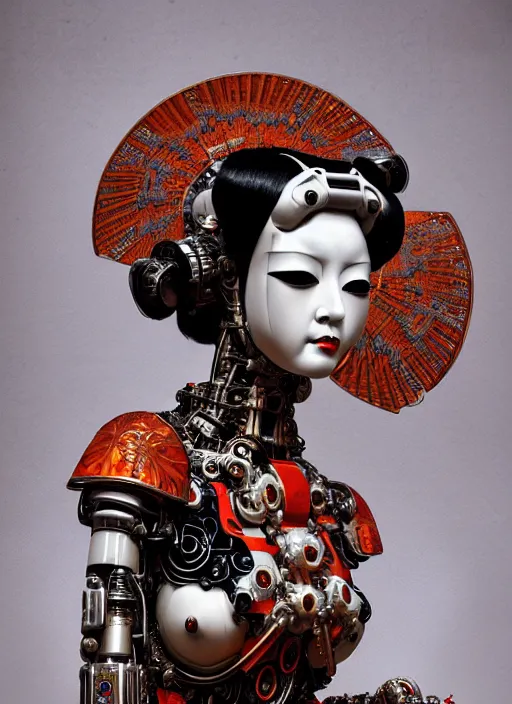 Image similar to portrait of a organic seductive cybernetic latex geisha mecha, satsuma ware, modern fine art, fractal, in the style of ghosts in the machine, intricate ornaments, elegant, highly detailed, digital photography, subsurface scattering, by greg rutkowski,