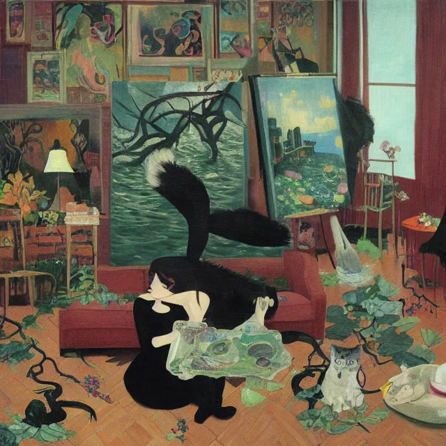 Image similar to emo catgirl artist in her flooded lounge room, painting of flood waters inside an artist's loungeroom, a river flooding indoors, pomegranates, pigs, ikebana, water, octopus, river, rapids, waterfall, black swans, canoe, berries, acrylic on canvas, surrealist, by magritte and monet