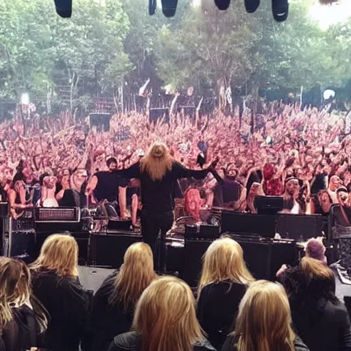 Prompt: a heavy metal band where every member is Donald trump. Concert photo of the band on stage.