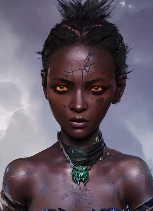 Image similar to An epic fantasy comic book style portrait painting of a short dark skinned girl thief with spidery hair and kind eyes, unreal 5, DAZ, hyperrealistic, octane render, cosplay, RPG portrait, dynamic lighting