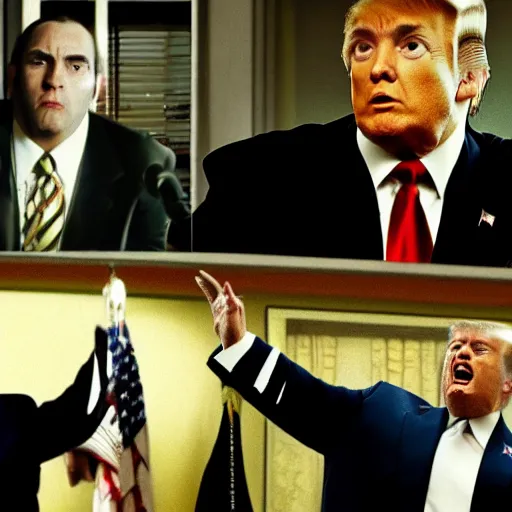Prompt: a TV still from the TV The Sopranos of Donald Trump running away from the Feds