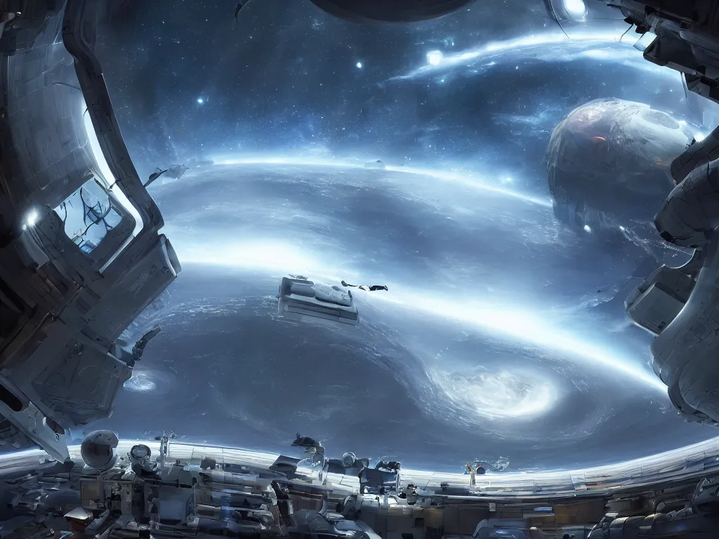 Prompt: inside a space station designed by apple with a magnificent view through a panoramic window of a planet surface and space with star nebulae, stunning futuristic art, octanrender, highly detailed, excellent composition, cinematic concept art, dramatic lighting, trending on artstation