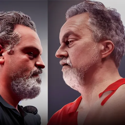 Prompt: Jordan Peterson vs Slavoj Zizekat at wrestlemania, trending on artstation, cgsociety, octane render, unreal engine, bokeh