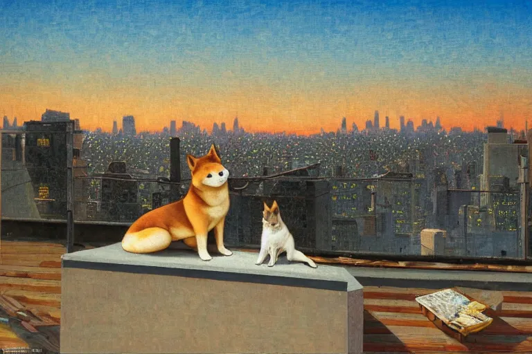 Image similar to painting of a shiba inu in a rooftop, watching new york, beautiful, sunset, romantic, by ludwig deutsch and maxfield parrish, patterned tilework, extremely detailed, cinematic lighting, smooth sharp focus