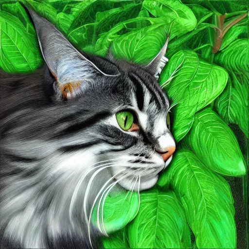 Image similar to a maincoon cat among big green leaves, digital painting, very detailed, in the style of mantegna