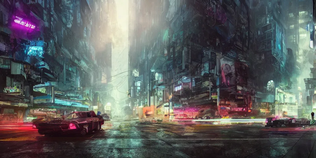 Prompt: a guatemalan solitary cyberpunk city, abandoned with neon ads and signs with evocative dramatic mood with blade runner vibe with cars and floating vehicles with motion blur with depth of field with bloom with lightshaft with volumetric lights, fog, by jeremy mann, oscar winning graphics, photo realistic, bloom, imax, dynamic lighting, artstation,