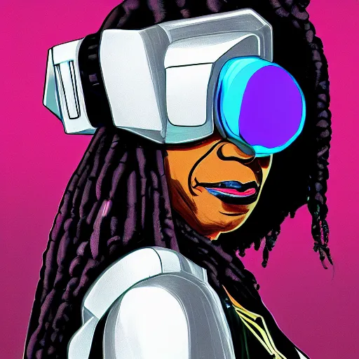 Image similar to cyberpunk robotic whoopi goldberg, sharp lines, digital, artstation, colored in