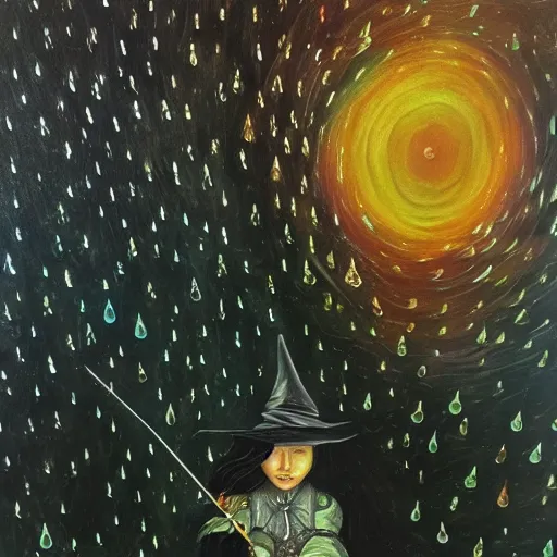 Image similar to dreamy vision of witch walking through heavy rain, epic, cosmic, intricate details, oil on canvas
