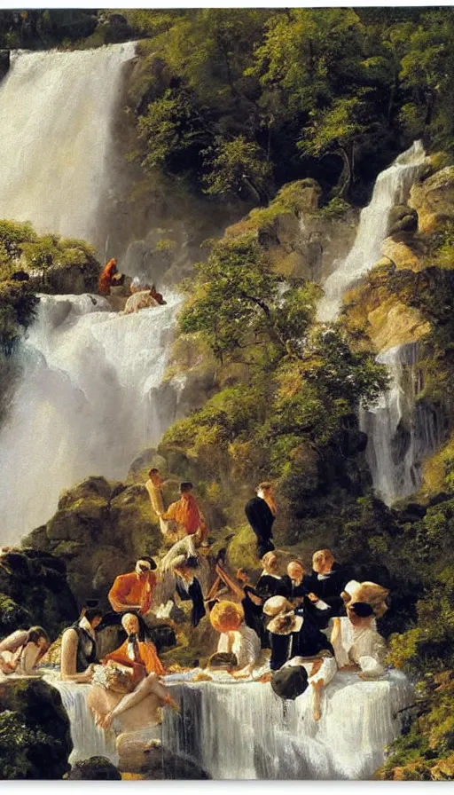 Prompt: still life painting of party on edge of waterfall, by Peder Krøyer, golden hour, dramatic lighting, epic, gargantuan, intricate detail, canvas print