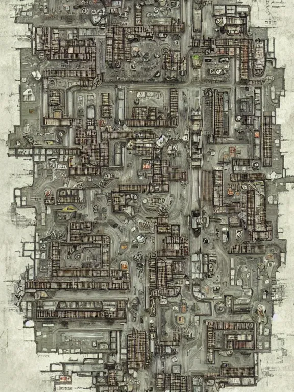 Image similar to A floor plan map illustration of a silent Hill city in labyrinth,by James Paick,Jane Newland，Peter Mohrbacher,peter gric,aaron horkey,Chris Ware,trending on pinterest,full of color,high detail,maximalist