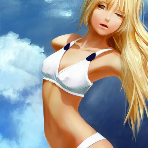 Image similar to tiny father a tall daughter picture : a very beautiful young blond anime girl, sky blue eyes, bikini, white miniskirt, highly detailed, cinematic wallpaper by stanley artgerm lau