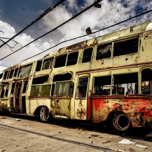 Image similar to low wide angle shot of dilapidated fallout 5 miami, tropical coastal city, desolate, dilapidated neon signs, few rusted retro futuristic vintage parked vehicles like cars, buses, trucks, trams, sunny weather, few clouds, volumetric lighting, photorealistic, daytime, spring, sharp focus, ultra detailed, 4 0 0 0 k