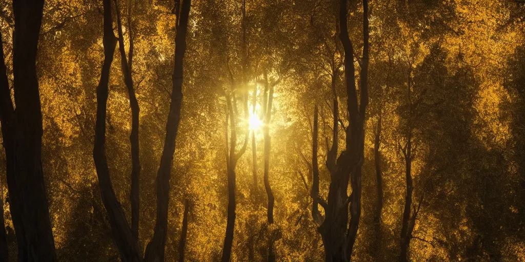 Image similar to An aesthetically pleasing, dynamic, energetic, lively, well-designed digital art of trees inside a forest during golden hour, light and shadow, caustics, by Claude Monet, superior quality, masterpiece, excellent use of negative space. 8K, superior detail.