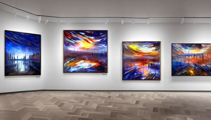 Prompt: interior futuristic art gallery wide angle highly detailed by santiago calatrava, three wall hanging paintings famous pieces by afremov!, captivating 8 k hdr, octane render godrays hyperrealism