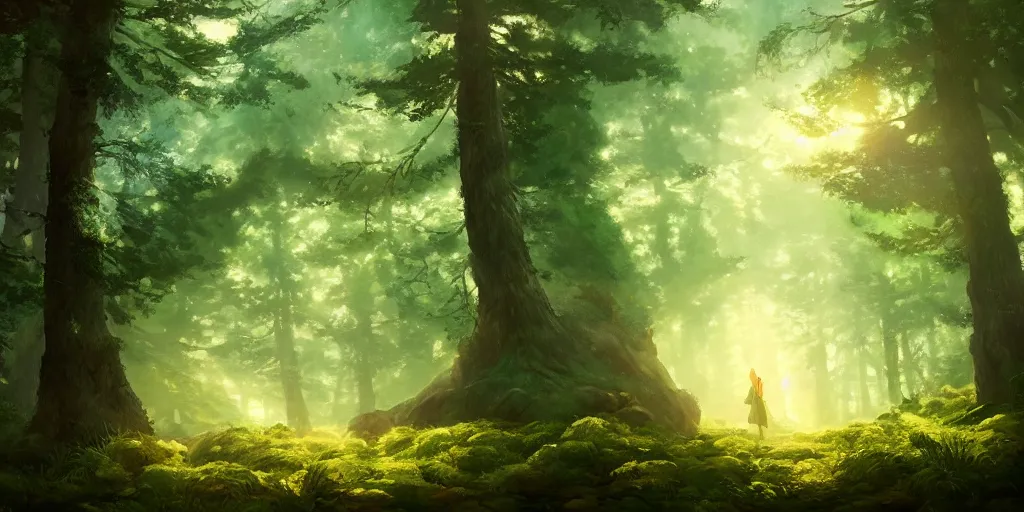 Prompt: a forest, oil painting, cinematic angle, hyperrealistic, volumetric lighting, dynamic, Studio Ghibli, digital art, octane render, post-processing, beautiful composition, trending on artstation, masterpiece