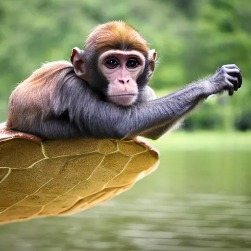 Prompt: a monkey sitting on the back of a turtle