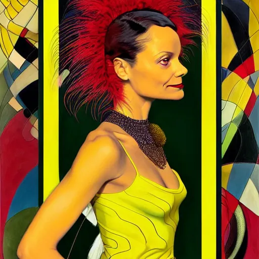 Prompt: art by joshua middleton, a medium shot portrait of the golden creeper, a tall manically smiling yellow - skinned woman with green and black striped cycling shorts and wearing a long red and black striped ostrich feather boa, the actress thandie newton, yellow makeup, mucha, kandinsky, poster, art deco motifs, comic art, stylised design, scarlet feather boa