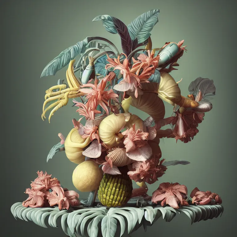 Image similar to still life of surreal alien pastel tropical flowers, surreal alien ribbed tropical fruit, white human spine, baroque painting, beautiful detailed intricate insanely detailed octane render, 8K artistic photography, photorealistic, chiaroscuro, Raphael, Caravaggio