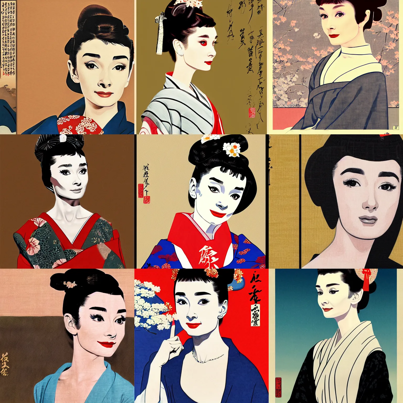 Prompt: painting of audrey hepburn as orian in ukiyo - e art, half body, 4 k, ultra detailed, photo realistic