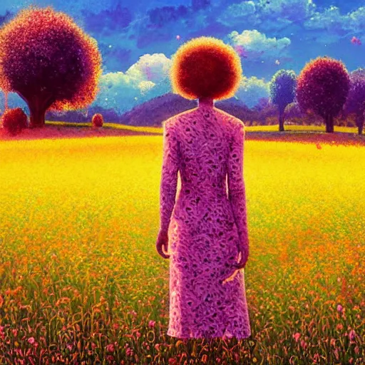 Image similar to girl with flower afro, standing in a field with flowers, surreal photography, hills, big trees, sunrise dramatic light, impressionist painting, colorful clouds, digital painting, pointillism, artstation, simon stalenhag