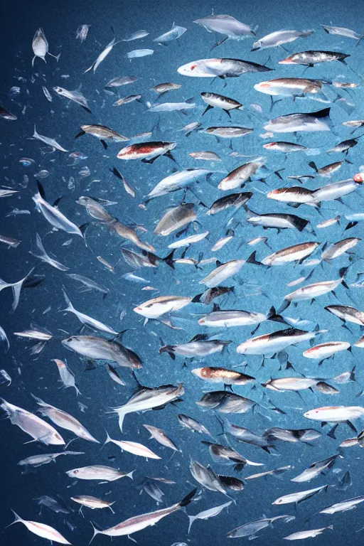 Image similar to a beautiful collage on paper of a school of mackerel, 8 k, frostbite 3 engine, cryengine, dof, trending on artstation, digital art, crepuscular ray