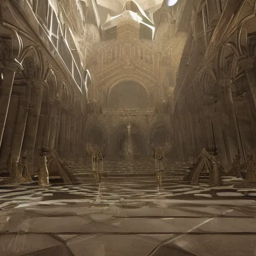 Prompt: the grand halls of anor londo, marble floors, art by kotaro chiba, volumetric lighting, epic composition