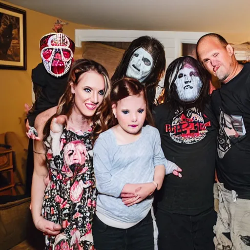 Prompt: girl's baby shower celebration at a nice middle class home with Slipknot in attendance