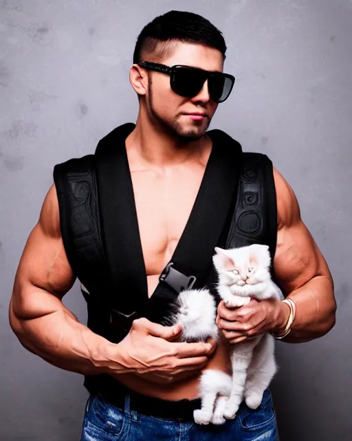 Prompt: badass muscular gangsta wearing baby sling on the back with kitten in it without baby, sunglasses, studio portrait, golden ratio, backlit
