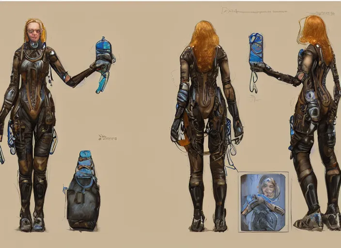 Image similar to front and back character view of a woman in scientist's jacket with a system of straps and pouches for collecting material by Donato Giancola, Trending on artstation and pixiv clean concept art and sheet