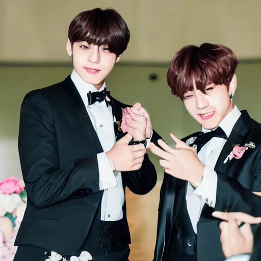 Prompt: jungkook and taehyung of bts getting married in las vegas, 8 k, ultra realistic, closeup