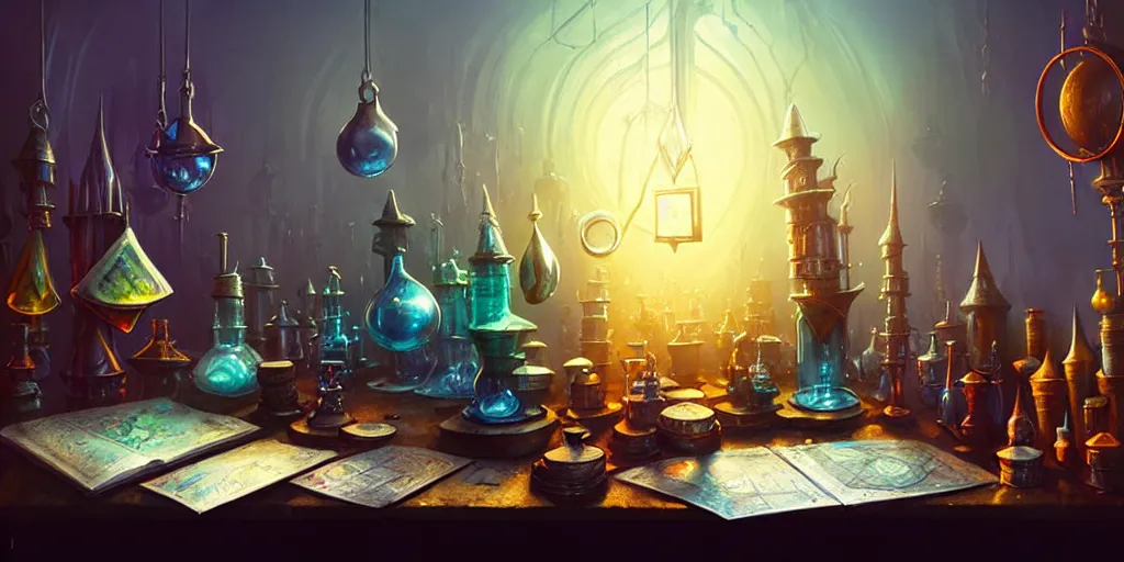 Prompt: cluttered, table, wizards laboratory, greg rutkowski, mortar, pestle, magic powder, compass, stream of flowing light, imposing magic book, beakers of colored liquid, tony sart