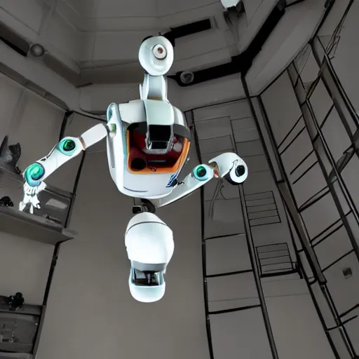 Image similar to glados female robot from portal 2 hanging from ceiling