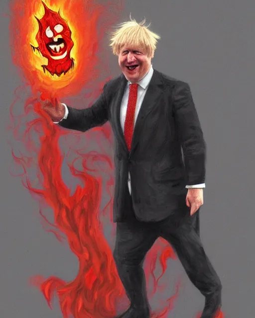 Image similar to dark fantasy character concept painting of uk politician former prime minister boris johnson wearing a suit of red dancing smiling in the fiery pits of hell, smiling and having fun with demons, satanic imagery, pagan, satanic symbolism, illustration, trending on artstation,