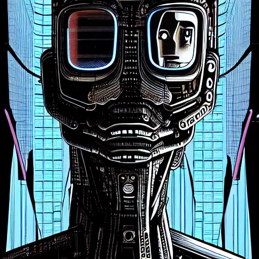 Image similar to portrait bender from futurama in futuristic city, by tsutomu nihei, by h. r. giger