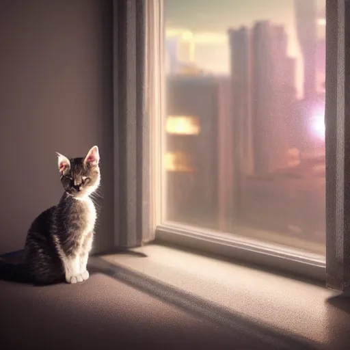 Image similar to Big european shorthair cat and small fluffy kitten, napes, in the apartment room looking to window in a cyberpunk city, soft god rays from city lights outside the window, unreal engine 5, soft neon atmosphere, photorealistic, soothing colors, somber melancholic matte painting, hyperrealism, hyperrealistic, cinematic masterpiece, cyberpunk style 8k ultrahd octane render