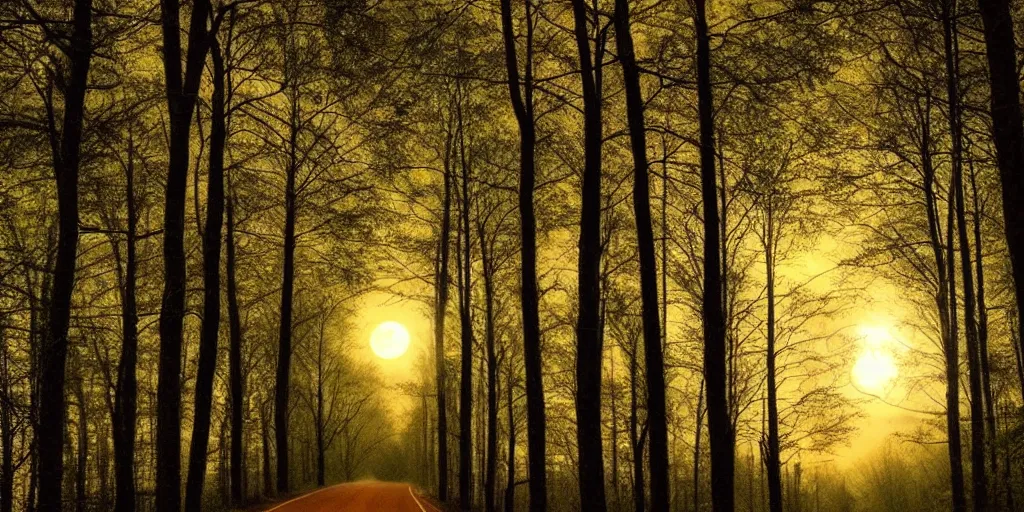 Image similar to night, road between tall trees, dense forest, dark night, moon