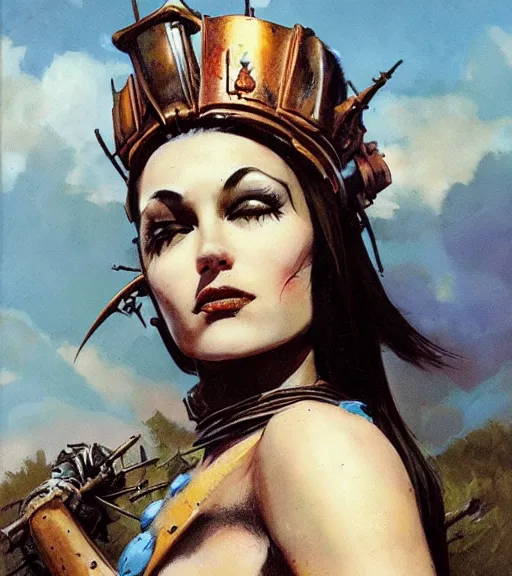 Prompt: mighty princess of the wasteland, scrap metal headdress, strong line, deep color, cloudy sky, beautiful! coherent! by brom, by frank frazetta, low angle