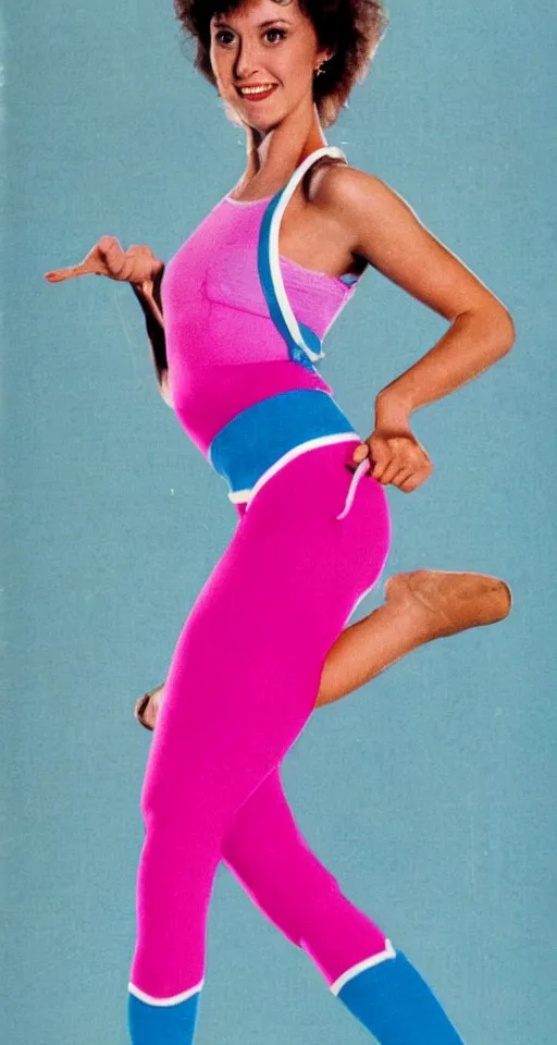 Prompt: 1980s vhs cover for an aerobics instructor in leg warmers and leotard, pink, blue,